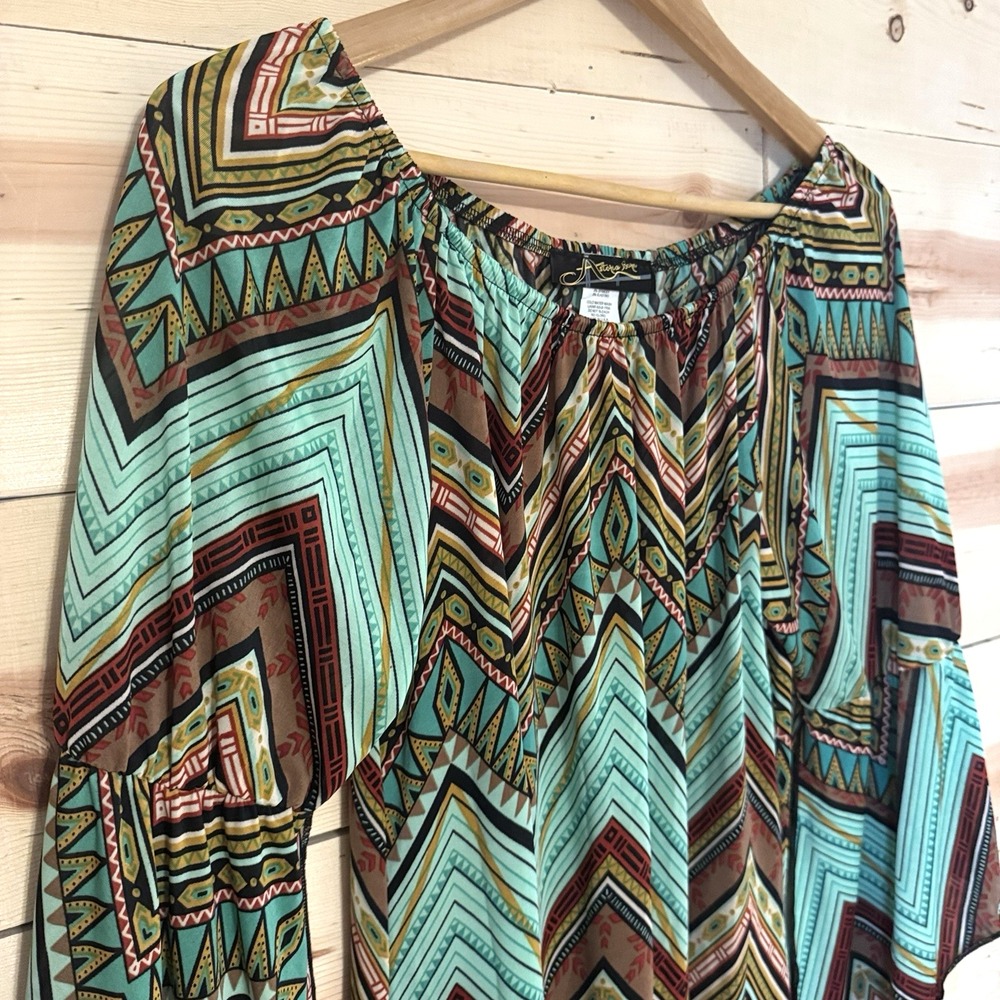 Astoria Born Womens Medium Boho Hippie Chevron Tunic Top Bell Sleeve Turquoise - Picture 2 of 8